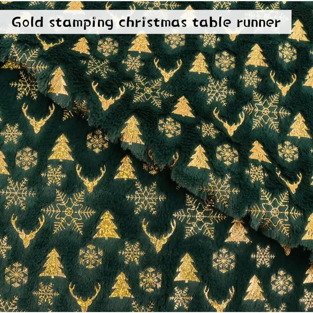 Christmas Table Runner Trees / Snow Soft Plush Faux Fur Green / Gold 14 x 72 